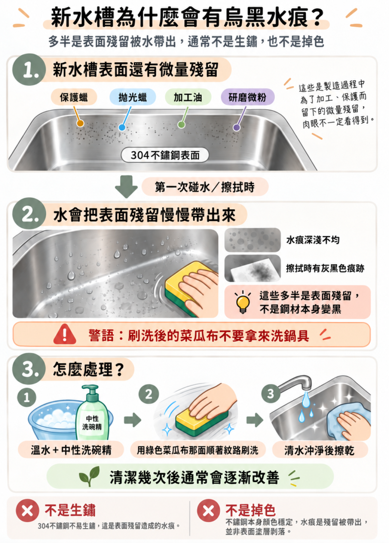 新不鏽鋼水槽為什麼會有烏黑水漬、水痕？不是生鏽掉色，3步驟清潔改善
